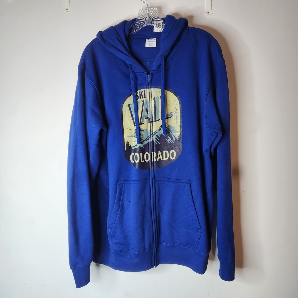 Vail Colorado Full Zip Hoodie Large Blue Hooded Graphic Y2K Skiing‎